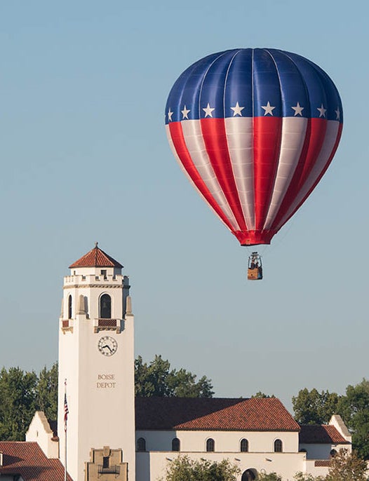 Patriotic hot air balloon over the Boise Depot