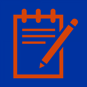 orange outline of notebook and pen on blue background